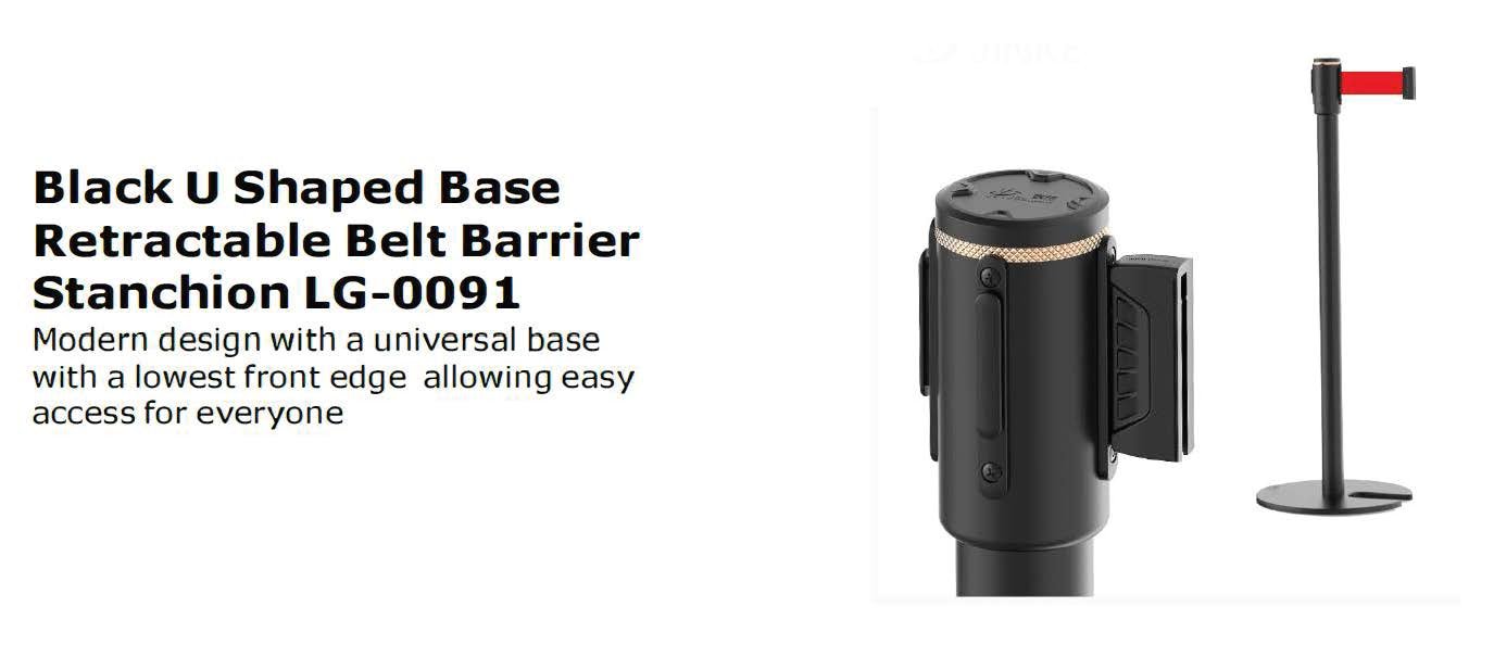 Black U Shaped Base Retractable Belt Barrier Stanchion LG-0091 description image